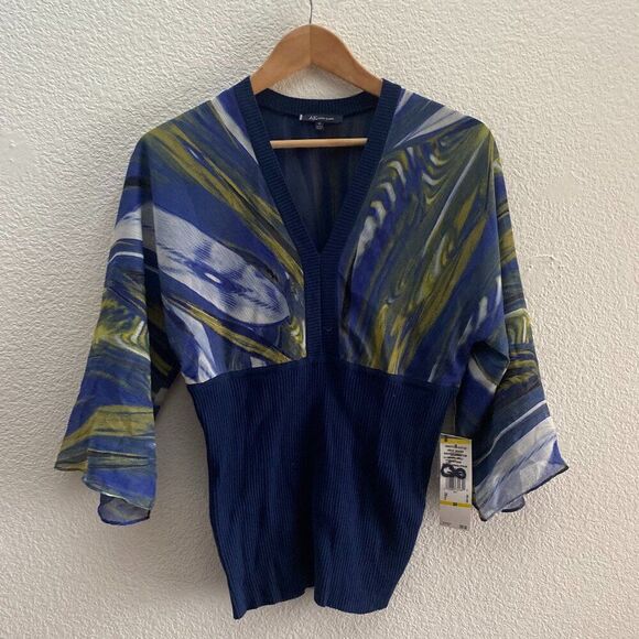 Anne Klein 1/2 Sheer Sleeves Ribbed Detail Pullover Shirt Top Blouse Work Medium - Picture 1 of 5